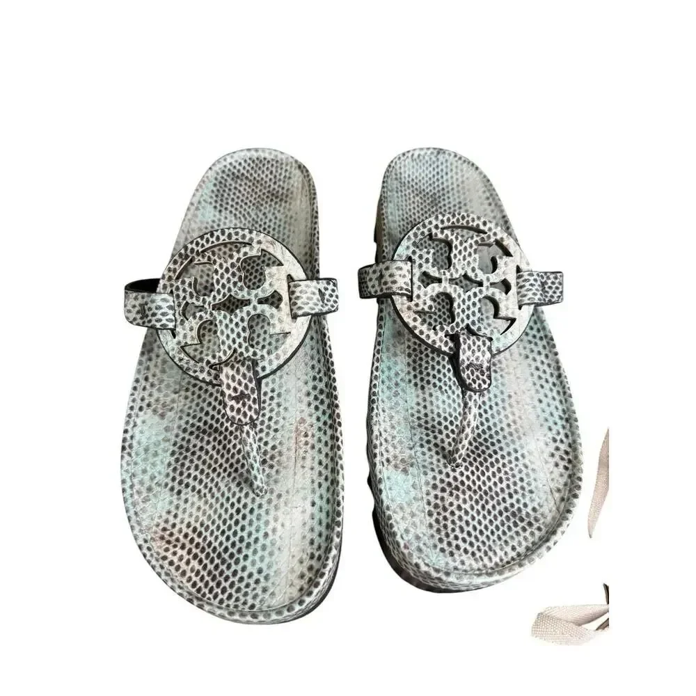 NEW Tory Burch Miller Cloud Lug Sandals Snake Print Leather Thong Slides US 9.5